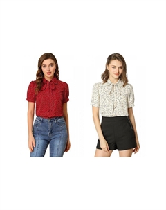 Набор из 2 женских блузок в горошек в стиле ретро, ​​шифоновые блузки с воротником Питера Пэна и галстуком-бабочкой, цвет Cream White Red Allegra k