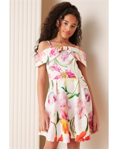 Платье плиссированной юбки с открытыми плечами и бантом (5–16 лет), белый Lipsy