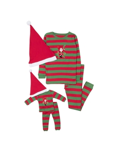 Рождественские девочки и подходящая кукольная хлопковая пижама в полоску Санта-Клауса, красный и зеленый цвета, со шляпой, цвет Striped Santa Red & Green With Hat Leveret