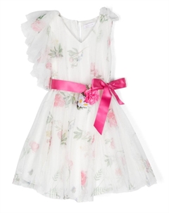 Платье с цветочным принтом и V-образным вырезом, белый Monnalisa