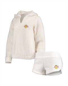 Женский спортивный кремовый комплект Concepts Los Angeles Lakers с пушистой толстовкой с длинными рукавами, топ и шорты для сна Unbranded