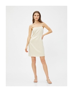 Мини-льняное платье с бретелями и отделкой из бисера, экрю Koton