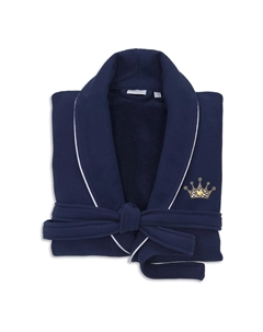 Турецкий хлопковый вафельный махровый халат с атласной отделкой и вышивкой, темно-синий Linum home textiles