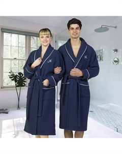 Домашний текстиль Linum, турецкий хлопок, атласная отделка, вафельный махровый темно-синий халат Linum home textiles