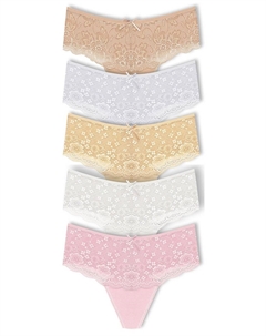 Хлопковые женские трусики-стринги с высокой талией и кружевом спереди, 5 шт., белый-светло-розовый Hnx