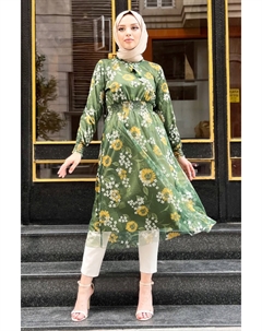 Тюлевая туника с цветочным узором Tsd220809 Хаки Tesettür dünyası