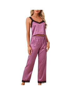 Женский атласный пижамный комплект с кружевной отделкой из 2 предметов, пижама на бретельках с длинными брюками, одежда для дома, фиолетовый Cheibear