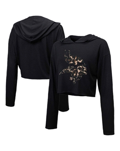 Женский укороченный пуловер с капюшоном Threads Minnesota Vikings черного цвета с леопардовым принтом Majestic