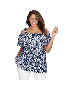 Женская туника эластичного трикотажа с оборками и открытыми плечами больших размеров, цвет Navy Scroll Medallion Jessica london