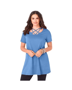 Женская туника больших размеров с решетчатым вырезом и короткими рукавами Ultimate Туника больших размеров, цвет Horizon Blue Roaman's