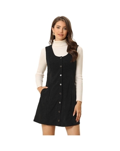 Женский вельветовый повседневный сарафан на пуговицах с круглым вырезом и карманами, черный Allegra k
