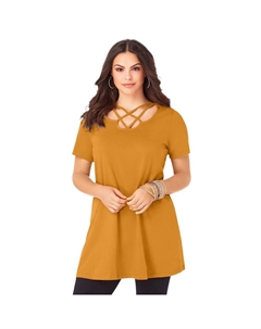 Женская туника больших размеров с решетчатым вырезом и короткими рукавами Ultimate Туника больших размеров, цвет Rich Gold Roaman's