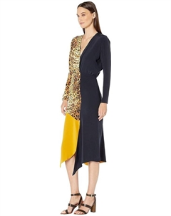 Платье Color Block Long Sleeved Dress w/ Waist Tie, цвет Tan Leopard/Navy/Antique Gold Cushnie