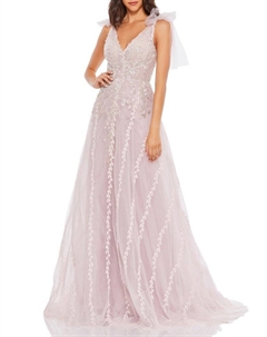 Платье А-силуэта с V-образным вырезом и украшением, цвет Light Pink Mac duggal