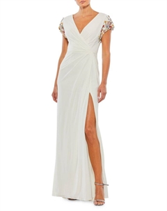 Платье с разрезом спереди и рукавами из бисера, цвет White Multi Mac duggal