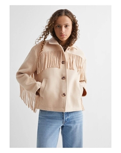 Жакет с кисточками из смесовой шерсти, экрю Mango