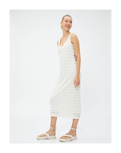 Платье миди на бретельках с U-образным вырезом на текстурированной подкладке, экрю Koton