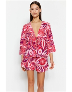 Тканый пижамный комплект из рубашки и шорт с принтом цвета фуксии, розовый Trendyol
