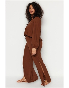 Коричневые пляжные брюки больших размеров с разрезами, коричневый Trendyol