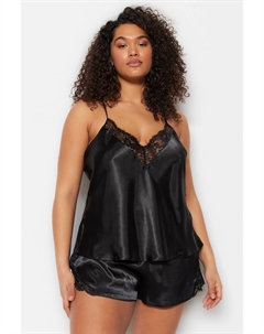 Пижамный комплект больших размеров - Черный - Однотонный, черный Trendyol