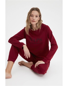 Бордово-красный трикотажный пижамный комплект с футболкой и надписью Jogger, бордовый Trendyol