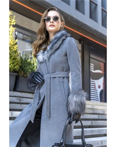 Мужское пальто средней длины с подвижным меховым воротником и манжетами серое 3636, серый Concept