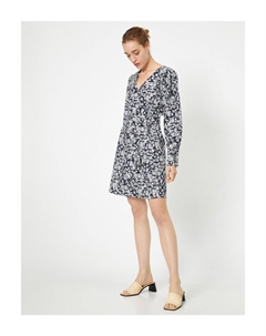 Женское платье миди с v-образным вырезом и длинными рукавами с рисунком, черный Koton