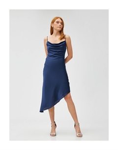 Атласное вечернее платье, вырез с открытыми плечами, асимметричный крой, темно-синий Koton