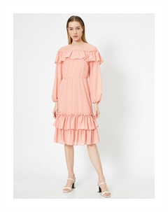 Женское розовое платье миди с длинными рукавами и воланами по подолу, розовый Koton