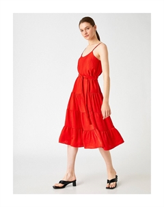 Женское платье миди на бретелях с поясом и оборками 2sak80063pw Красное, красный Koton