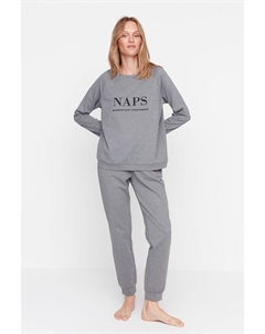 Антрацитовый трикотажный пижамный комплект с надписью «Jogger», серый Trendyol
