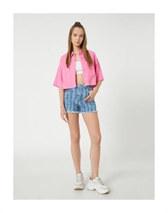 Укороченная рубашка с карманами и деталями из смеси льна и вискозы, розовый Koton