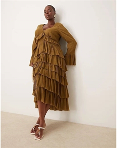 Платье макси с V-образным вырезом, многоярусной юбкой и кружевной отделкой оливкового цвета Asos