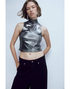 Блестящая майка металлического цвета с молнией сверху , серебряный H&m