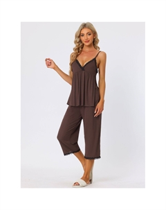 Женский пижамный комплект из 2 предметов, топ на бретельках и брюки, пижамный комплект вафельной вязки, черный Cheibear