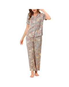 Женский пижамный комплект из шелкового атласа с цветочным принтом, топом и брюками с короткими рукавами, серый Cheibear