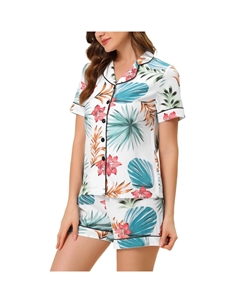 Женский пижамный комплект из шелка с короткими рукавами и шортами Атласные комплекты с цветочным принтом МАЛЕНЬКИЙ синий, серый Cheibear