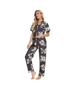 Женский пижамный комплект на пуговицах с цветочным принтом из 2 предметов, одежда для сна и сна, темно-синий Cheibear