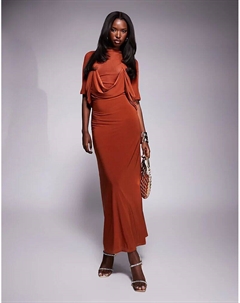 Платье миди с вырезом-хомутиком и драпировкой, с прозрачным сетчатым лифом цвета ржавчины Asos design