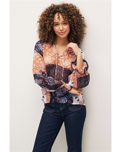 Праздничная блузка с длинными рукавами V-образным вырезом и кружевной отделкой, синий Next