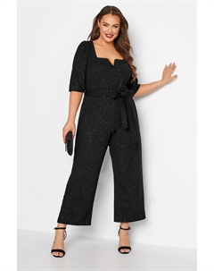 Блестящий комбинезон Лондон с вырезом на горловине и завязкой на талии, черный Yours