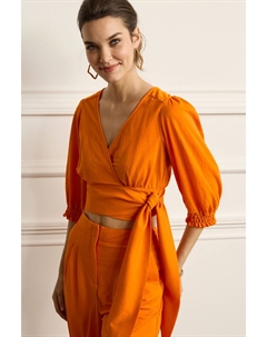 Топ с короткими рукавами запахом и V-образным вырезом, оранжевый Next