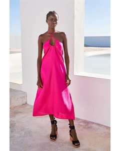 Платье миди из 100% льна со сборками и воротником-хомутом, розовый Next