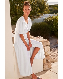 Платье миди из льняной смеси застегивающееся на пуговицы, белый Next