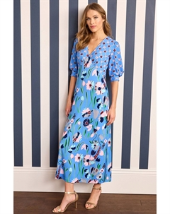 Дневное платье миди с короткими рукавами и V-образным вырезом, синий Next