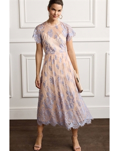 Кружевное платье миди с цветочным принтом и короткими рукавами, синий Next