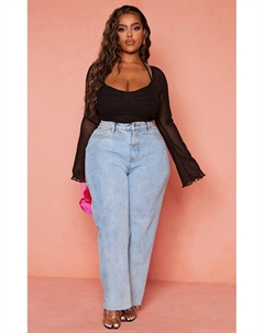 Черное боди с сетчатыми рукавами и бретелькой на шее Plus Prettylittlething