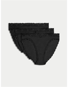 Высокие трусики из 3 пар хлопка и кружева, черный Marks & spencer