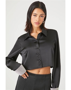 Атласная рубашка со стразами на манжетах, черный Forever 21