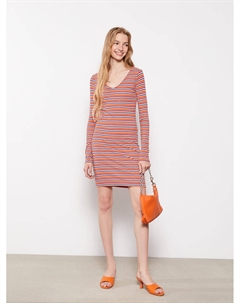 Полосатое женское платье с V-образным вырезом и длинными рукавами Xside